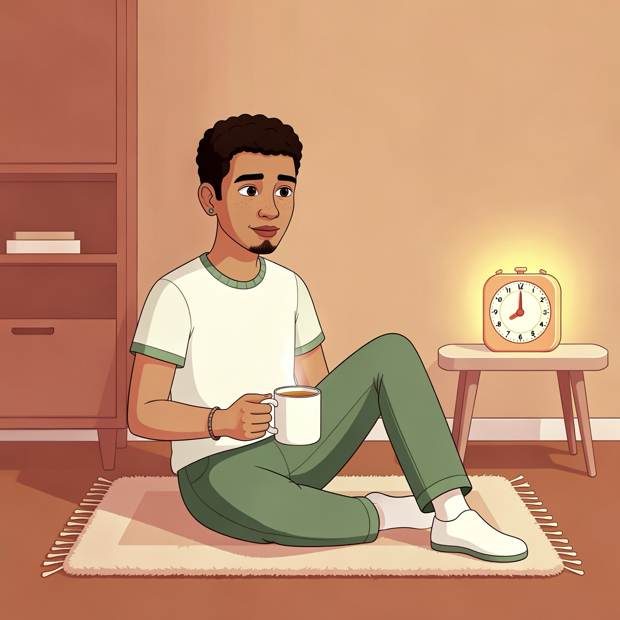 Illustration representing waiting mode recovery, featuring a neurodivergent adult relaxing in a calm, cozy room with a visual timer.