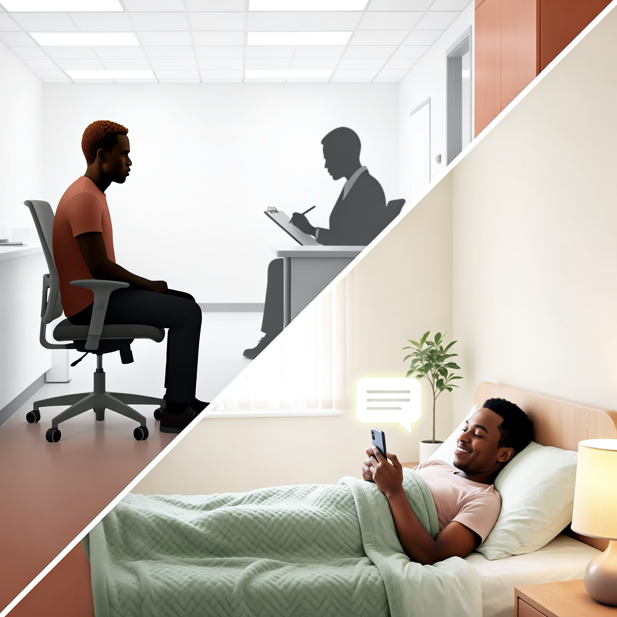 Split-screen illustration contrasting the high social demand of a therapy office with the low-demand comfort of asynchronous text coaching from bed.