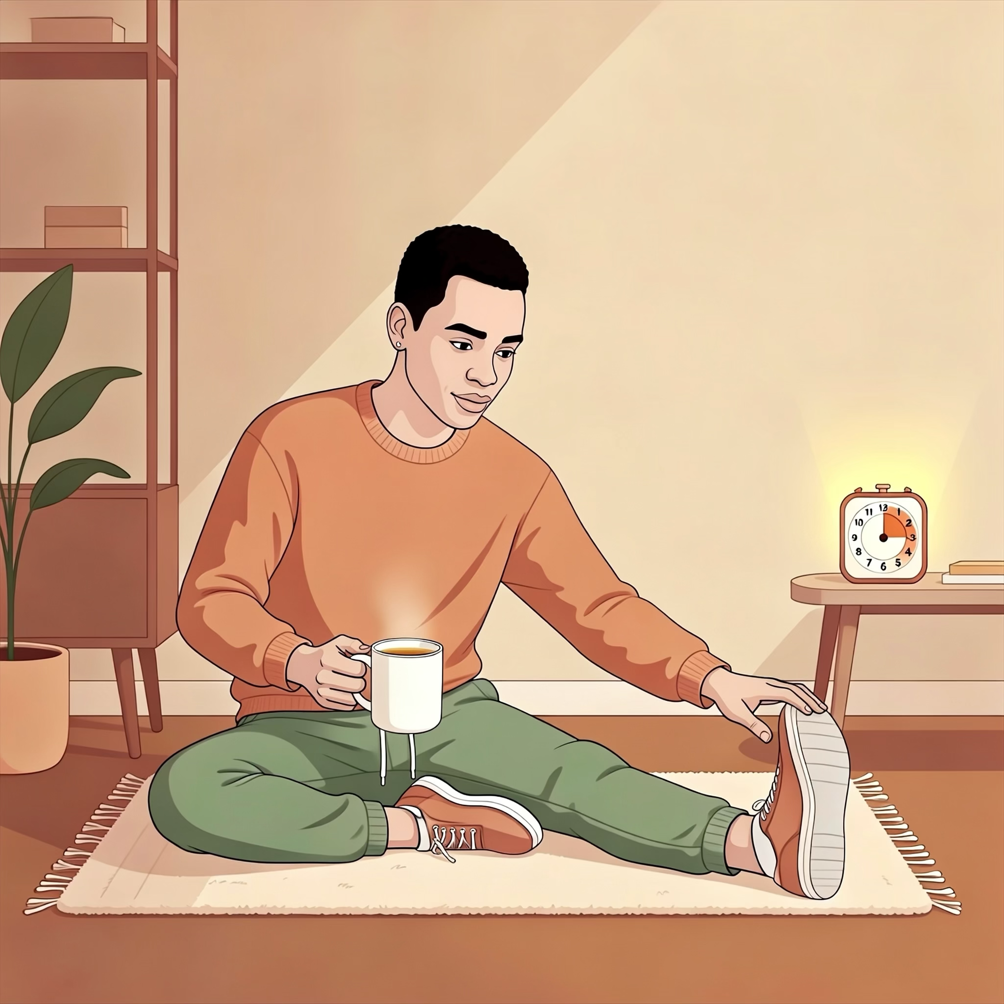 A warm minimalist illustration of a neurodivergent adult male in comfortable clothes performing exercise at home, with a glowing low-demand visual timer visible on a side table in the background.